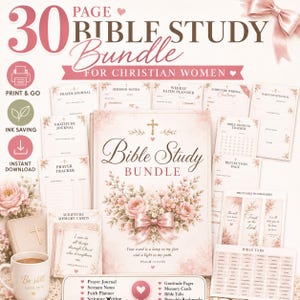 May include: A 30-page Bible Study Bundle for Christian women. The bundle includes a prayer journal, sermon notes, a weekly faith planner, and more. The cover features floral illustrations and the text "Bible Study Bundle".