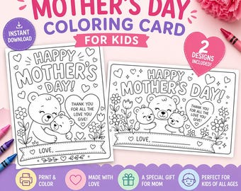 Tarjeta para colorear del Día de la Madre imprimible para niños, Tarjeta imprimible del Día de la Madre, Tarjeta para colorear para niños, Manualidad preescolar, Actividad para el aula, Tarjeta DIY