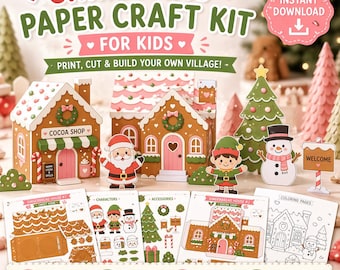 May include: A Christmas paper craft kit for children, featuring gingerbread houses, Santa, an elf, and a snowman. The kit includes print-at-home templates, cut and fold instructions, and glue-and-build elements. The image also includes the text "Instant Download".