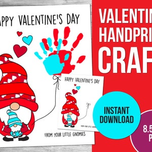 Valentine&#39;s Day Handprint Art Craft, Valentine’s Day Craft, Valentine Gnome, Handprint Art, Valentine Craft for Kids, Printable PDF
