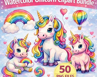 水彩ユニコーン クリップアート バンドル、レインボー ユニコーン (PNG)
