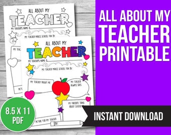 Teacher Appreciation Week Printable, Teacher Survey, Teacher Printable, Teacher Thank You, Teacher Coloring Page, All About My Teacher