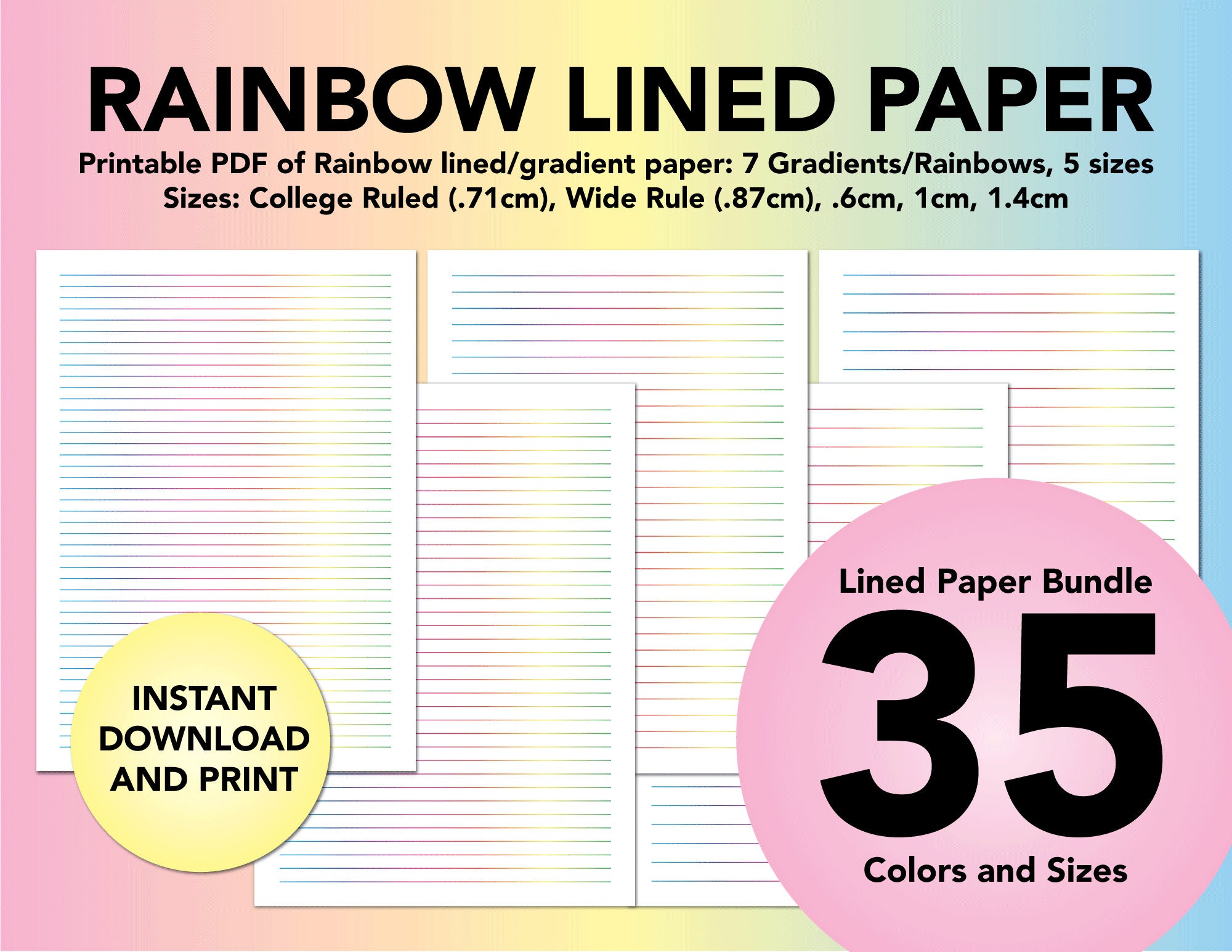 lined paper rainbow lined paper printable lined paper etsy
