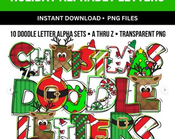 Doodle Letters, Christmas Alphabet PNG, Christmas Doodle Letters, Alpha Font, Doodle Font Sublimation DTF PNG