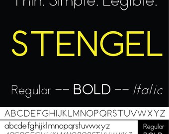 May include: A black and white image showcasing the Stengel font. The font is described as thin, simple, and legible. The font is shown in regular, bold, and italic styles. The alphabet is displayed in uppercase and lowercase letters.