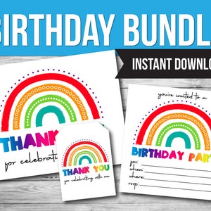Paquete de fiesta de cumpleaños arcoíris: invitación, etiquetas de regalo y tarjetas de agradecimiento (PDF imprimible)