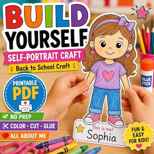 Puede incluir: Un proyecto de manualidades de autorretrato en PDF imprimible titulado BUILD YOURSELF que muestra a una niña dibujada con cabello castaño, camiseta morada con un corazón rosa, jeans azules y zapatillas rosas, con una etiqueta llamada Sophia.