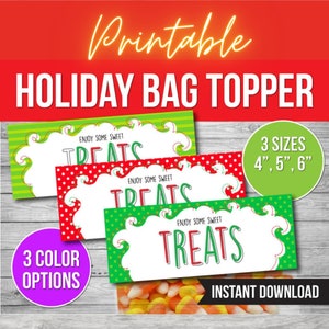 Merry Christmas Cookie Bag Topper – Santa Treat Bag Topper Printable PDF, Candy Cane Holiday Tag, Instant Download Bag Toppers