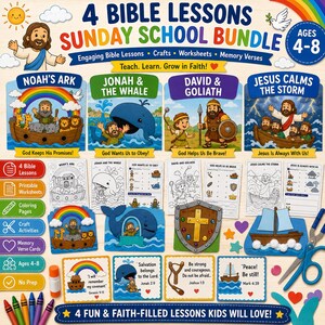 May include: A vibrant Sunday School bundle with the text "4 Bible Lessons" and "Sunday School Bundle." The image shows illustrations of Noah's Ark, Jonah and the Whale, David and Goliath, and Jesus Calming the Storm. Includes worksheets, crafts, and memory verse cards for ages 4-8.