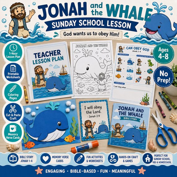 Jonah and the Whale Sunday School Lesson | Printable Bible Activities for Kids Ages 4–8 | Christian Craft & Coloring Pages | No Prep PDF