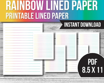 May include: Printable rainbow lined paper in PDF format. The paper is 8.5 x 11 inches and has a rainbow gradient on the lines. The text "Instant Download" is visible in the image.