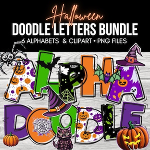 May include: Halloween Doodle Letters Bundle - 6 Alphabets & Clipart.  A set of colorful, Halloween-themed letters with various spooky designs, including pumpkins, bats, spiders, and ghosts.  The letters are in a cartoon style and are perfect for creating Halloween crafts, decorations, and party supplies.