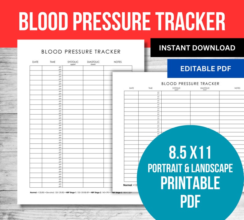 Blood Pressure Log Printable – Editable PDF Tracker, , Medical Health ...