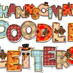 K&ouml;nnte beinhalten: Thanksgiving Doodle Letters, ein Satz bunter Buchstaben mit Patchwork-Design mit Truth&auml;hnen, Bl&auml;ttern und karierten Mustern. Die Buchstaben buchstabieren "Thanksgiving Doodle Letters".