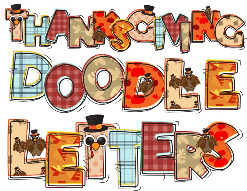 K&ouml;nnte beinhalten: Thanksgiving Doodle Letters, ein Satz bunter Buchstaben mit Patchwork-Design mit Truth&auml;hnen, Bl&auml;ttern und karierten Mustern. Die Buchstaben buchstabieren "Thanksgiving Doodle Letters".