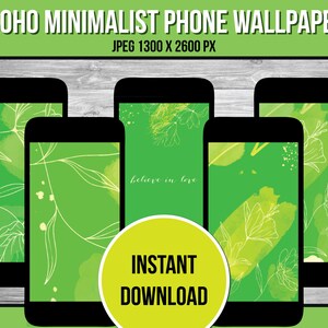 Green Boho Phone Wallpaper: 5 Minimalist Designs (Digital Download)