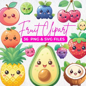 Cute Kawaii Fruit Clipart, Strawberry PNG, Avocado SVG, Pineapple Lemon Clipart, Banana Digital Stickers, Fruit PNG, Instant Download