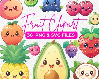 Cute Fruit Clipart Bundle, Kawaii PNG SVG Stickers (Instant Download)