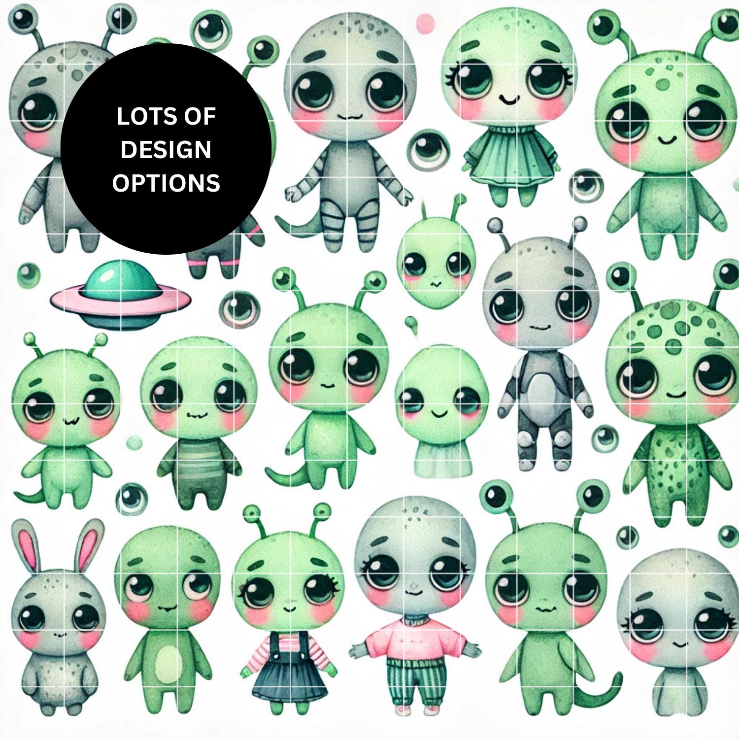 Kawaii Alien Clipart Bundle, Watercolor Space Cowgirl Planets Aliens ...