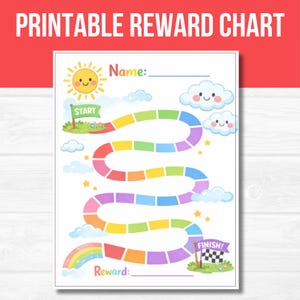 May include: A colourful printable reward chart featuring a winding path, clouds, and a smiling sun. The chart includes the text "Printable Reward Chart," "Name:" and "Reward:" with start and finish flags. The path is a rainbow of colours.