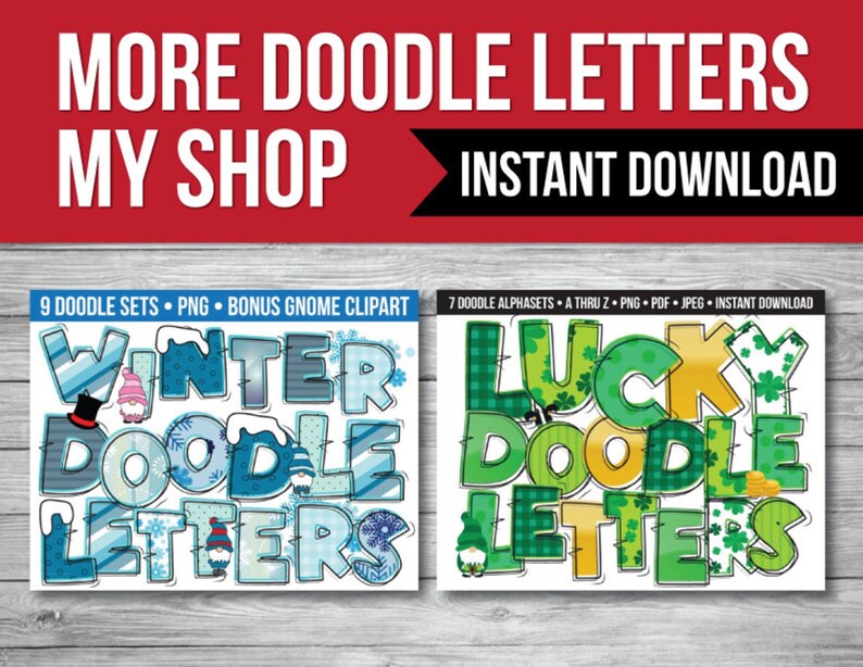 K&ouml;nnte beinhalten: Zwei digitale Download-Sets mit Doodle-Alphabet-Buchstaben. Das erste Set ist winterlich gestaltet mit blauen, wei&szlig;en und grauen Buchstaben. Das zweite Set ist Gl&uuml;cks-themed mit gr&uuml;nen, gelben und wei&szlig;en Buchstaben. Beide Sets beinhalten einen Bonus-Gnome-Clipart.