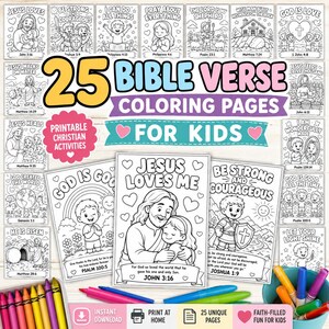 Puede incluir: Un conjunto de 25 páginas para colorear con versículos bíblicos para niños. Las páginas presentan varias escenas y personajes bíblicos con versículos. La imagen incluye crayones, marcadores y el texto "Actividades cristianas imprimibles".
