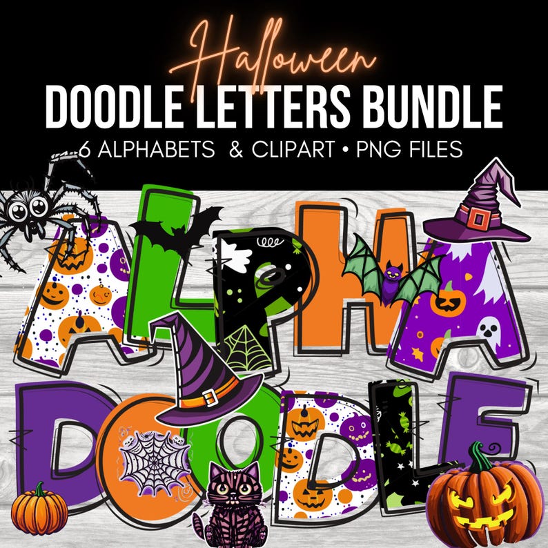 May include: Halloween Doodle Letters Bundle - 6 Alphabets & Clipart.  A set of colorful, Halloween-themed letters with various spooky designs, including pumpkins, bats, spiders, and ghosts.  The letters are in a doodle style and are perfect for creating Halloween crafts, decorations, and party supplies.