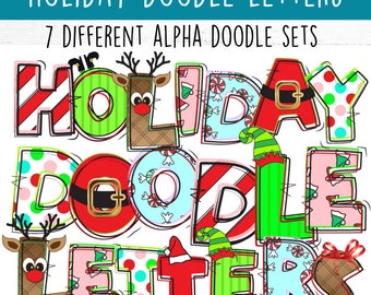 Könnte beinhalten: Buntfarbene Weihnachts-Kritzelbuchstaben in Rot, Grün, Weiß und Blau mit verschiedenen Mustern. Die Buchstaben buchstabieren "HOLIDAY DOODLE LETTERS".