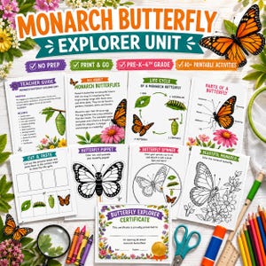 May include: A Monarch Butterfly Explorer Unit educational kit featuring printed activity sheets, a teacher guide, life cycle diagrams, coloring pages, a puppet template, and a certificate, surrounded by a magnifying glass, crayons, and scissors.