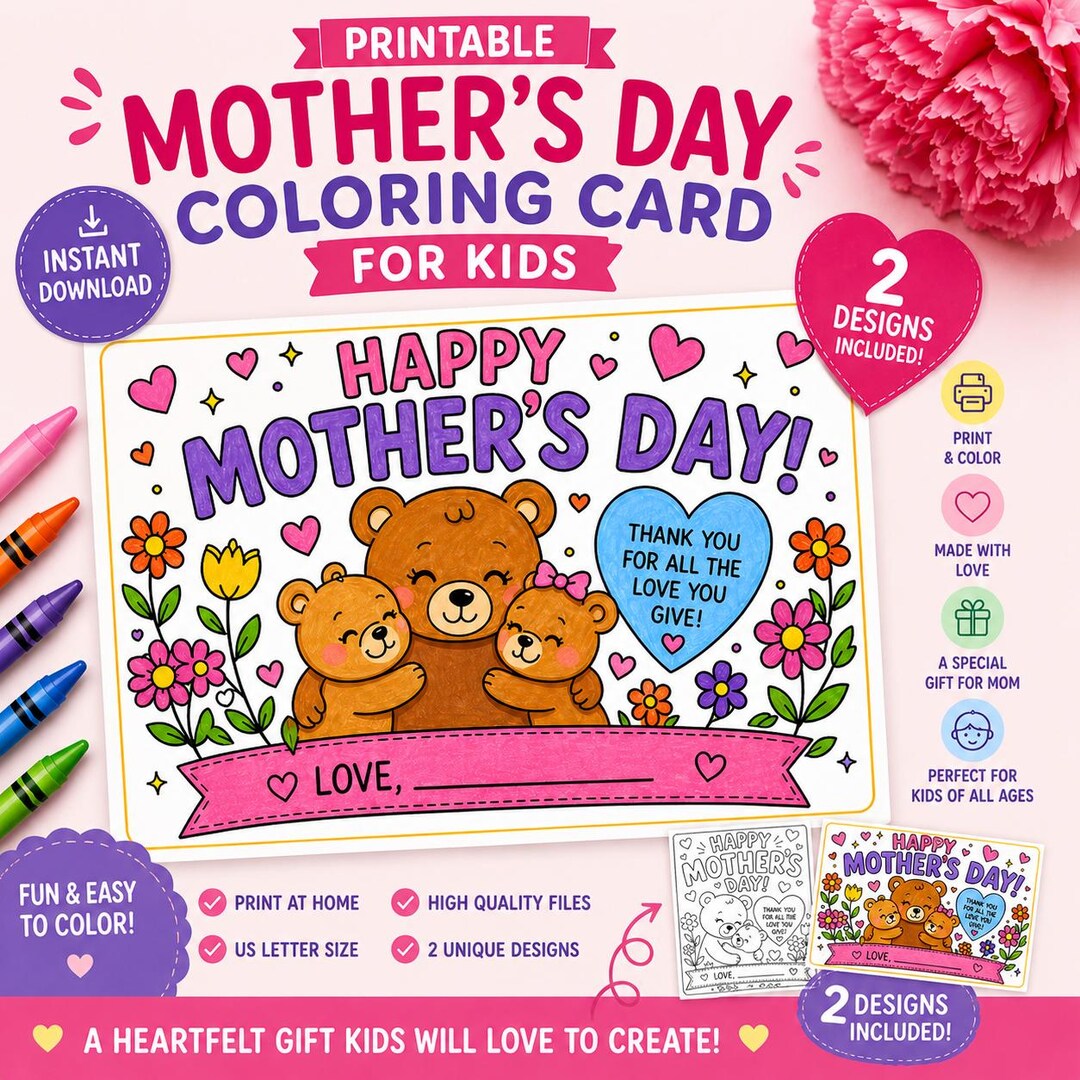 Mother’s Day Coloring Card Printable for Kids, Printable Mothers Day ...