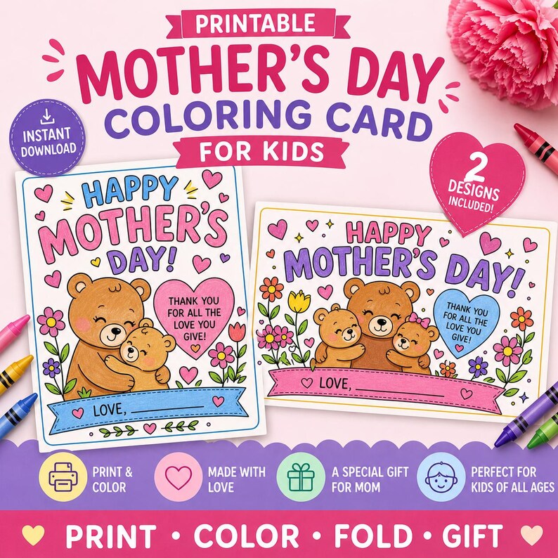 Mother’s Day Coloring Card Printable for Kids, Printable Mothers Day ...