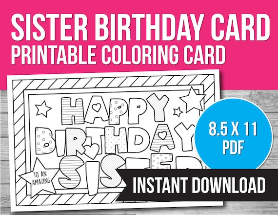 Happy Birthday SISTER Printable Coloring Card Sister Birthday - Etsy