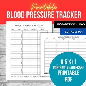 Afdrukbaar bloeddruklogboek – bewerkbare pdf-tracker, direct downloaden, medische gezondheidsgrafiek, bloeddrukregistratieblad voor thuis- of ziekenhuisgebruik