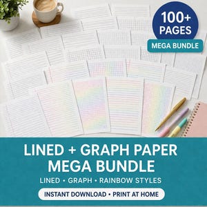 Könnte beinhalten: Eine Sammlung von linierten und karierten Papierbögen, einige mit Regenbogenlinien, wird gezeigt. Das Bild enthält einen blauen Kreis mit dem Text "100+ PAGES MEGA BUNDLE". Das untere Banner lautet "LINED + GRAPH PAPER MEGA BUNDLE".