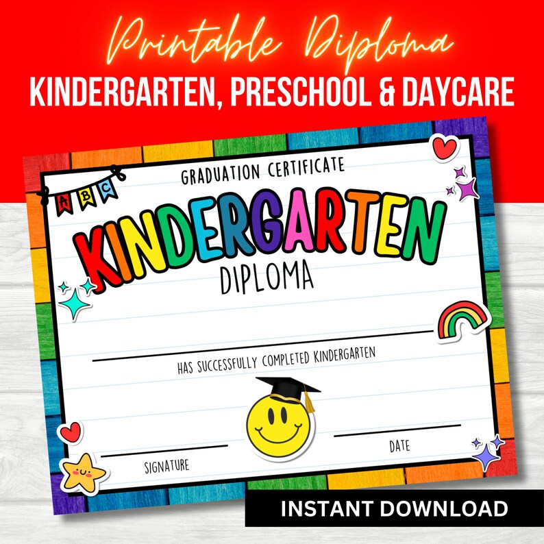 Printable Kindergarten Graduation Certificate (PDF) - Etsy