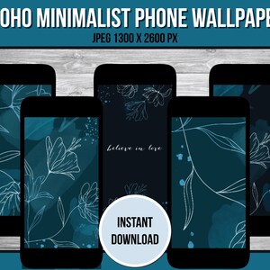 Blue Boho iPhone Wallpaper: Minimalist Floral Set (Digital Download)