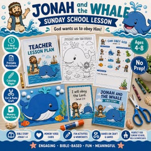 May include: A collection of Sunday school lesson materials featuring the story of Jonah and the Whale. Includes a teacher lesson plan, coloring pages, worksheets, craft activities, and a Bible storybook. The theme is engaging, Bible-based, fun, and meaningful.
