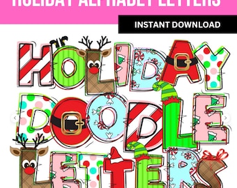 Weihnachts Doodle Buchstaben, Santa Sublimationsschrift, Xmas Doodle Alpha Bundle, Rentier Elf Weihnachtsmann Zahlen & Alphabet Doodle Set PNG