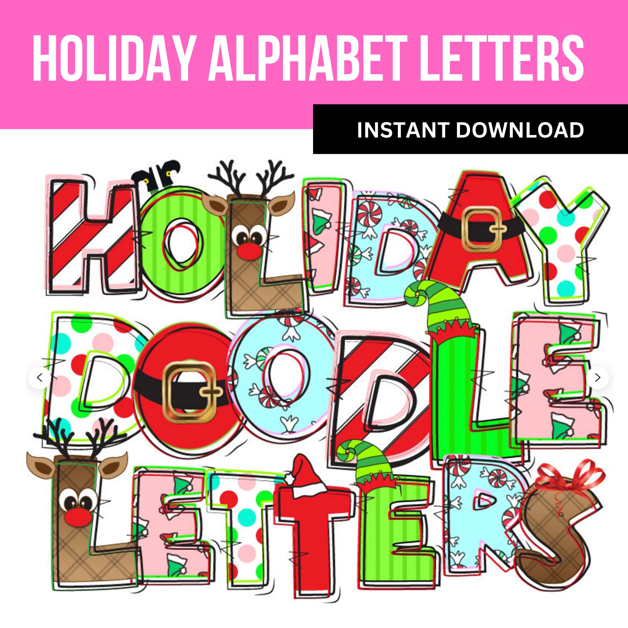 Christmas Doodle Alphabet: Santa, Elf, Reindeer Letters (PNG )