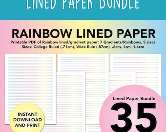 Rainbow Notebook Paper, Ruled Paper, Paper with Lines, Printable Lined Paper, Blank Lined Paper, Rainbow Paper, Note Taking, Writing Paper