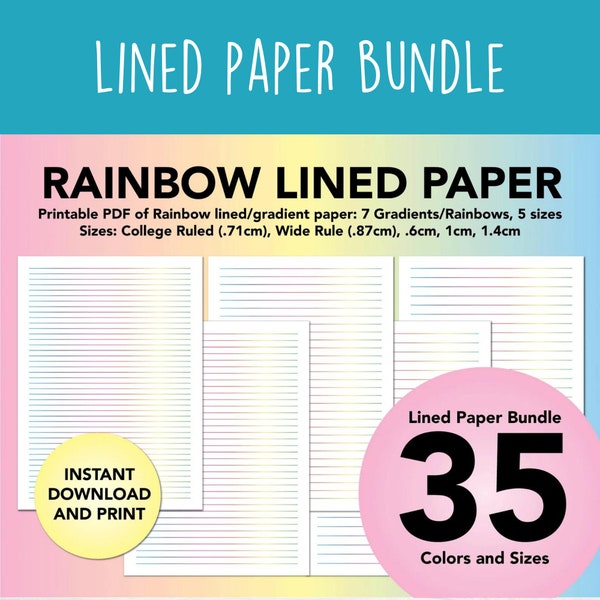 Rainbow Notebook Paper, Ruled Paper, Paper with Lines, Printable Lined Paper, Blank Lined Paper, Rainbow Paper, Note Taking, Writing Paper