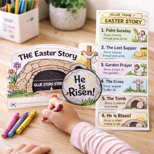 May include: A paper craft Easter story activity set featuring a stone tomb illustration with the text The Easter Story and He Is Risen, alongside a vertical panel listing six events including Palm Sunday, The Last Supper, and The Tomb.