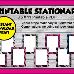 Puede incluir: Papelería imprimible con diseños de rayas de cebra en 8 combinaciones de colores diferentes, incluyendo degradados de arcoíris. El PDF imprimible es de 8,5 x 11 pulgadas.