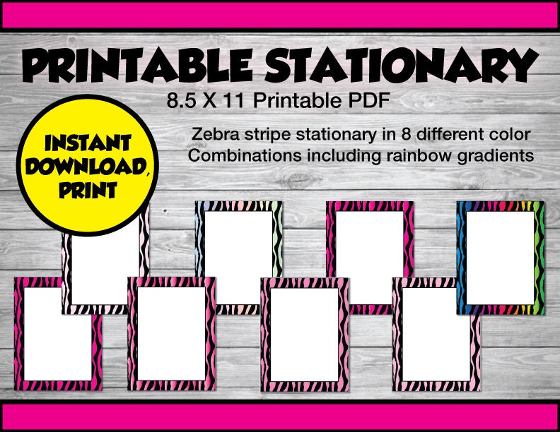 Printable Pink Zebra Stationery Stationary Rainbow Etsy
