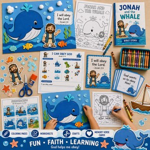 May include: A collection of educational materials featuring the story of Jonah and the Whale. Includes coloring pages, worksheets, crafts, and memory verse cards. The theme is "Fun, Faith, Learning." The color palette includes blue, orange, and white.