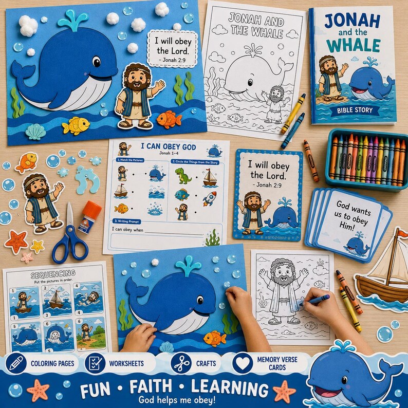 May include: A collection of educational materials featuring the story of Jonah and the Whale. Includes coloring pages, worksheets, crafts, and memory verse cards. The theme is "Fun, Faith, Learning." The color palette includes blue, orange, and white.