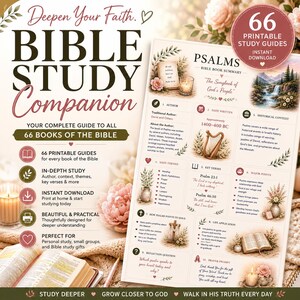 Könnte beinhalten: Ein Bibelstudien-Begleitbuch mit dem Text „Deepen Your Faith“. Der Leitfaden enthält 66 druckbare Studienführer, eine ausführliche Studie und einen sofortigen Download. Das Design zeigt florale Akzente, Kerzen und eine Zusammenfassung der Psalmen.