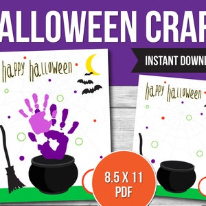 May include: Printable Halloween craft activity for kids.  The printable features a black cauldron, a purple and pink handprint, a broom, bats, a crescent moon, and the text "happy halloween".