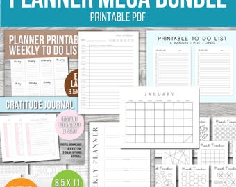 May include: A collection of printable planner pages, including weekly to-do lists, daily schedules, and a monthly calendar. The bundle also features a gratitude journal and mood trackers. The text "PLANNER MEGA BUNDLE" is displayed at the top.