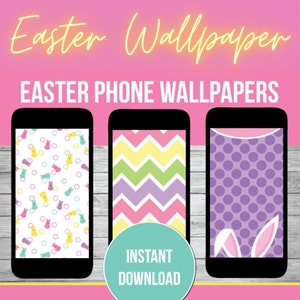 Könnte beinhalten: Drei Handy-Hintergründe mit Ostern-Motiven. Der erste Hintergrund hat ein Muster aus pastellgelben Küken und rosa und blauen Eiern auf weißem Hintergrund. Der zweite Hintergrund hat ein Chevron-Muster in Pastellrosa, Gelb, Grün und Lila. Der dritte Hintergrund hat einen lila Hintergrund mit weißen Punkten und einem rosa Hasenohr, das oben herausragt.